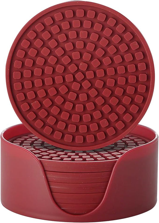 Colinda Silicone Drink Coasters with Holder, Set of 6, Outdoor Cup Mat for Hot or Cold Drinks, Thickened, Non-Slip,Non-Stick, Merlot Red