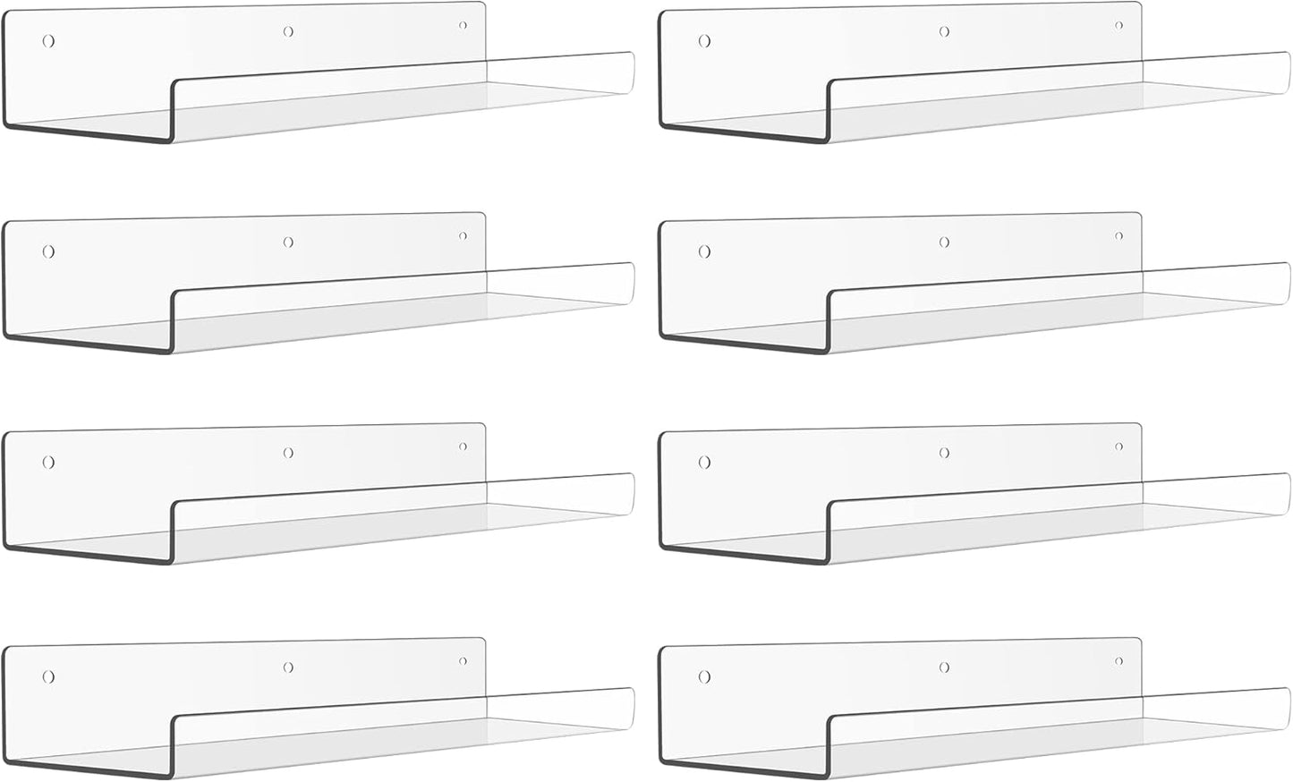 upsimples 8 Pack Acrylic Shelves Wall Organizer and Storage, 15" Display Shelf for Figure, Toy Cars, Perfume, Kids Bookshelf for Bedroom, Nursery, Craft Room, Clear