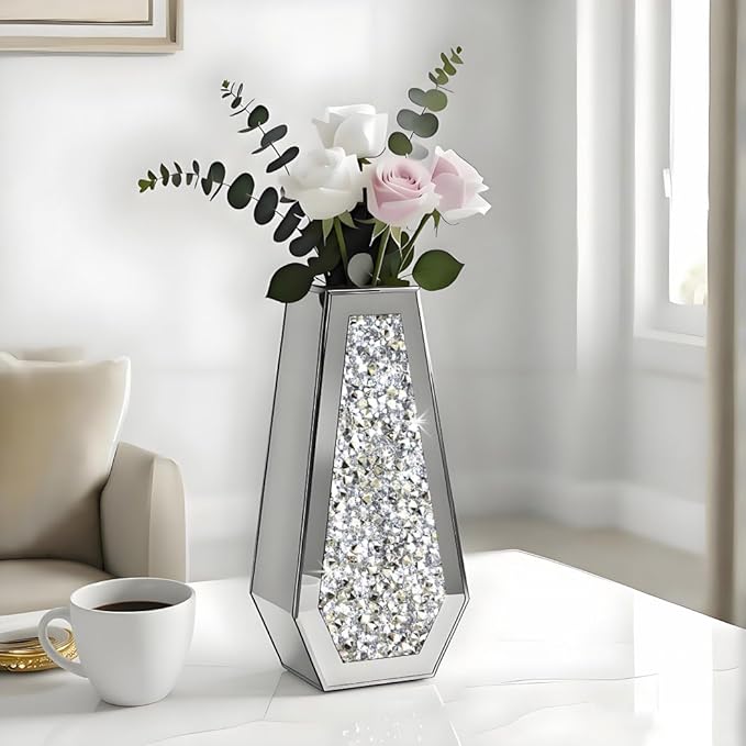 ALLARTONLY Flower Vase Crushed Diamond Mirrored Vase Crystal Silver Glass Decorative Mirror Vase Large Size Luxury For Home Decor. Diamond Shape Thickened. Can’t Hold Water.