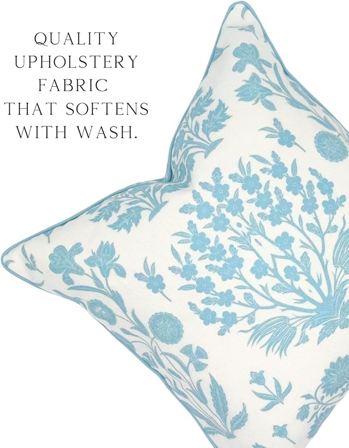 Jillien Harbor “The Charlotte” Bright Sky Blue Floral Block Print Pillow Cover – Off-White Decorative Throw Pillow Cover – Grandmillennial Home Decor, 20" x 20"