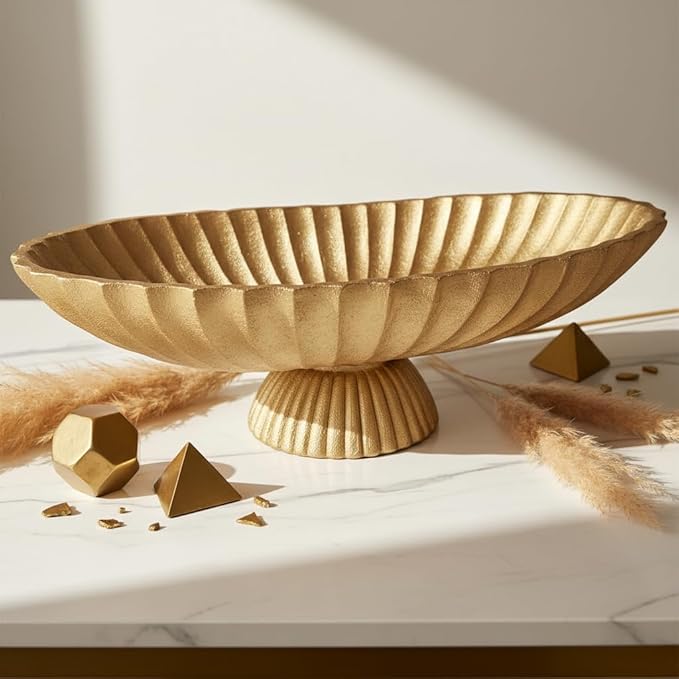 14.5" Large Decorative Long Bowl decor - Fluted Scalloped Decorative Bowls for Home Decor - Ruffle Decor,Stylish Key Bowl for Entry Table,Decorative Fruit Bowls for Kitchen Counter,Golden