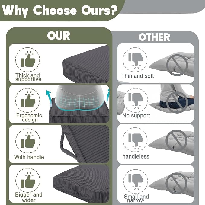 Floor Pillow for Adults, 4" Square Floor Cushions with Washable Cover, Large Corduroy Meditation Pillow, 22 inches Tatami Seat with Handle for Living Room or Yoga, Dark Grey