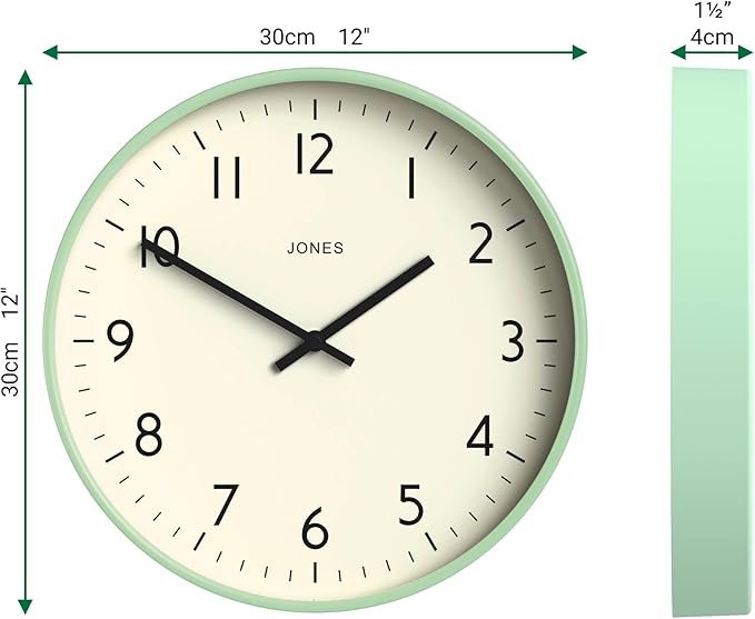 JONES CLOCKS® Studio wall Clock | Modern Round Style | 12 inch | Neo Mint Green | Easy to Read Numbers | Versatile Design for Kitchen, Living Room or Office
