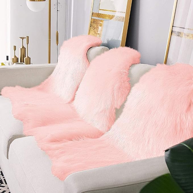 Carvapet Plush Faux Sheepskin Rug - Luxury Soft Pink Chair Cover 2x3 Accent Carpet, Non Slip Suede Backing Shaggy Shag Fur Mat for Bedside Dorm