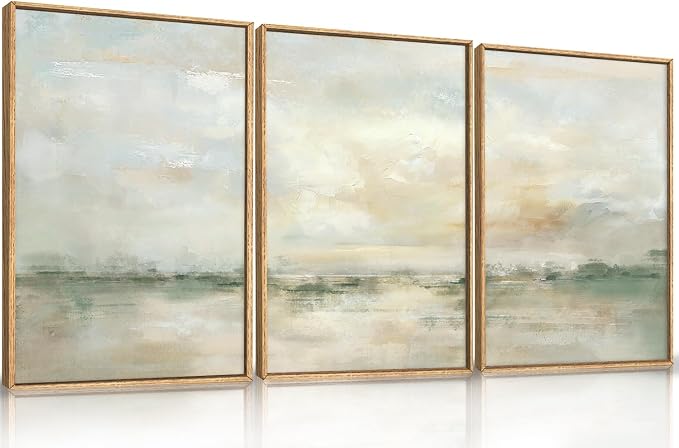LHIUEM Large Abstract Green Gray Pastel Framed Canvas Wall Art,Neutral Landscape Wall Decor,Modern Watercolor Lake Artwork,Beige Textured Illustrations Art for Living Room,Bedroom,Office- 16"x24"x3