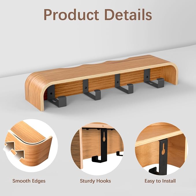 Coat Rack Wall Mount with Hidden Hooks, Wall Hooks with Shelf, Wall Key Holder Mount Wooden Shelf Entryway Hooks for Bedroom Bathroom for Hanging Coats Hats Bags Towels (Oak Wave-Shape, 4 Hooks)