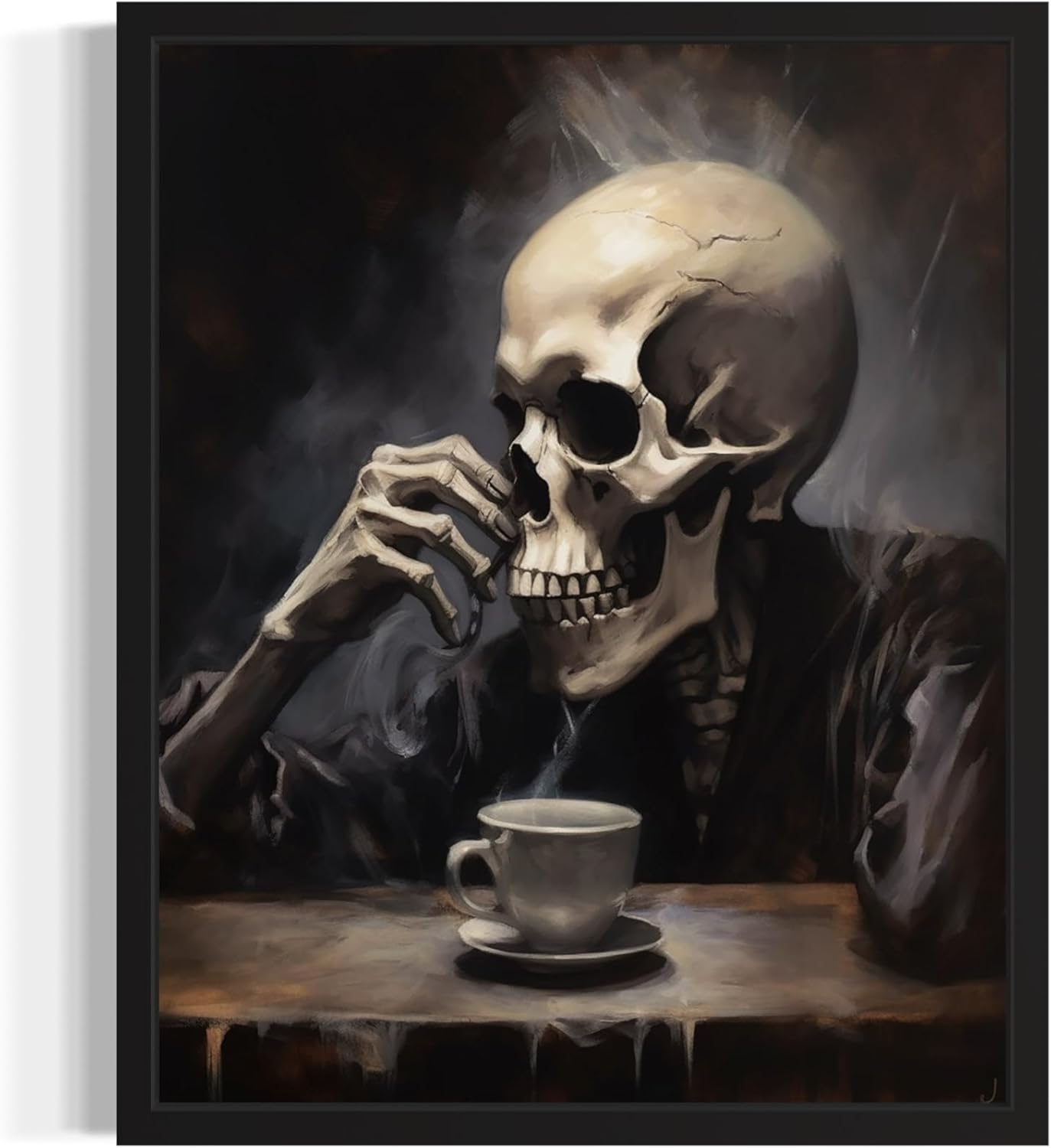 Skull Drinking Coffee Poster Art Print, Halloween Scary Vintage Wall Art Academia Spooky Painting Decoration for Horror Prints, Gothic Posters Bedroom Decor 89 (Skull Drinking Coffee, 8 x 10 inches, Unframed)