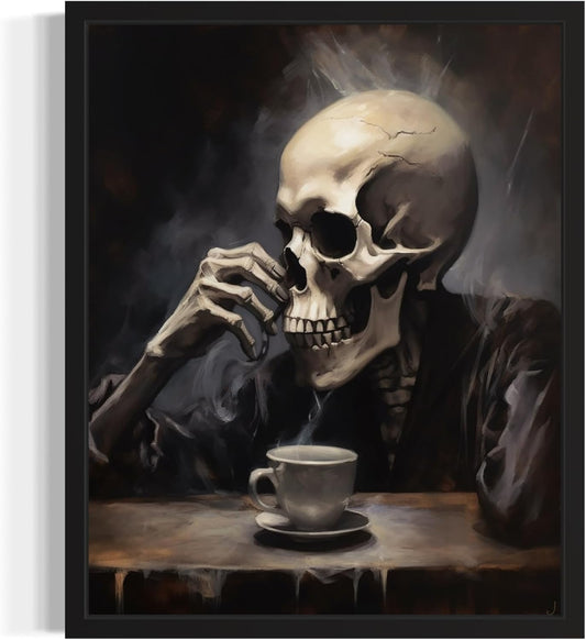 Skull Drinking Coffee Poster Art Print, Halloween Scary Vintage Wall Art Academia Spooky Painting Decoration for Horror Prints, Gothic Posters Bedroom Decor 89 (Skull Drinking Coffee, 8 x 10 inches, Black Frame)