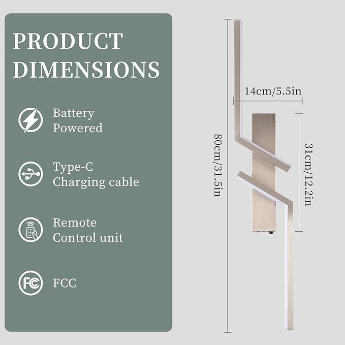 Rechargeable Wireless Wall Sconces, No Hardwiring Modern Wall Sconces Set of 2, Battery Operated LED Wall Lights with Remote, 3000K-6500K Dimmable Sand Nickel Wall Sconce for Bedroom Living Room etc