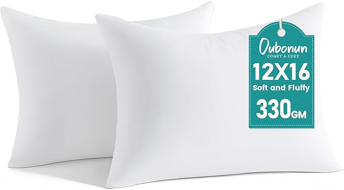 Oubonun 12 x 16 Throw Pillow Inserts - Soft, Plush & Decorative Down Alternative Pillows for Couch Sofa Bed, Machine Washable - White, Pack of 2