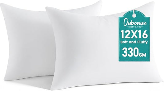 Oubonun 12 x 16 Throw Pillow Inserts - Soft, Plush & Decorative Down Alternative Pillows for Couch Sofa Bed, Machine Washable - White, Pack of 2