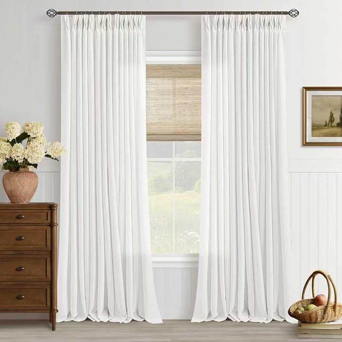 Off White Semi Sheer Pinch Pleated Linen Curtains 96 Inch Length | Ivory, Neutral, 96 Inch Long, Living Room, Bedroom, Light Filtering, Privacy, Flax Textured, Hook Rings, Memory Shape, Boho