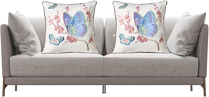 Set of 2 Embroidered Decorative Throw Pillow Covers Couch Square Pillowcases Cushion for Bedroom Sofa Farmhouse Decor 18x18 Inch (Blue Butterfly)