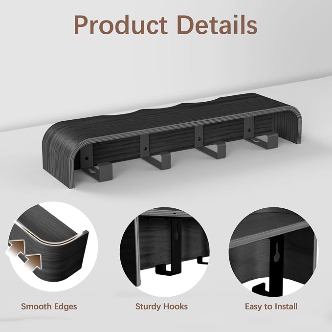Coat Rack Wall Mount with Hidden Hooks, Wall Hooks with Shelf, Wall Key Holder Mount Wooden Shelf Entryway Hooks for Bedroom Bathroom for Hanging Coats Hats Bags Towels (Black Wave-Shape, 4 Hooks)