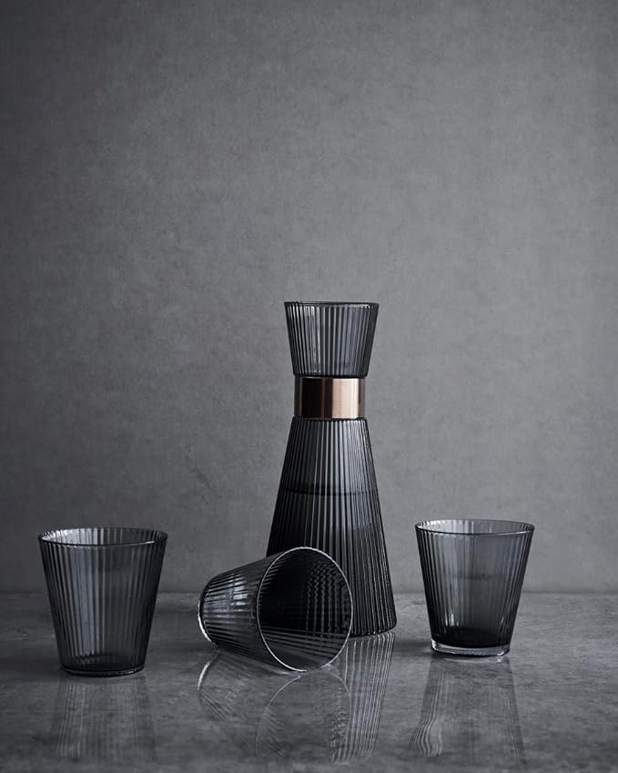 Rosendahl Grand Cru Nouveau 33.8 oz. Water Carafe - Elegant Smoke-Colored Mouth Blown Glass with Patinated Steel Accents, Dishwasher Safe - Stylish & Functional Design for Modern Living