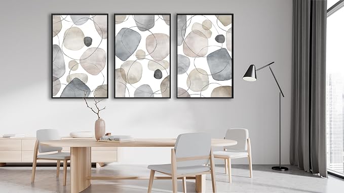 Large Abstract Canvas Wall Art - Geometric Framed Wall Decor Modern Circles and Lines Paintings Light Colors Minimalist Pictures for Living Room Bedroom Office Bathroom 24" X 36" X 3 Panels