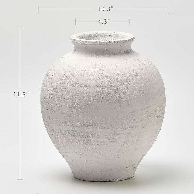 LB2 White Ceramic Large Vase, 11.8" Tall Zen Style, Terra Cotta Pitcher, Distressed Farmhouse Decor, Pottery Decorative Flower for Home Decor (C - White 11.8")
