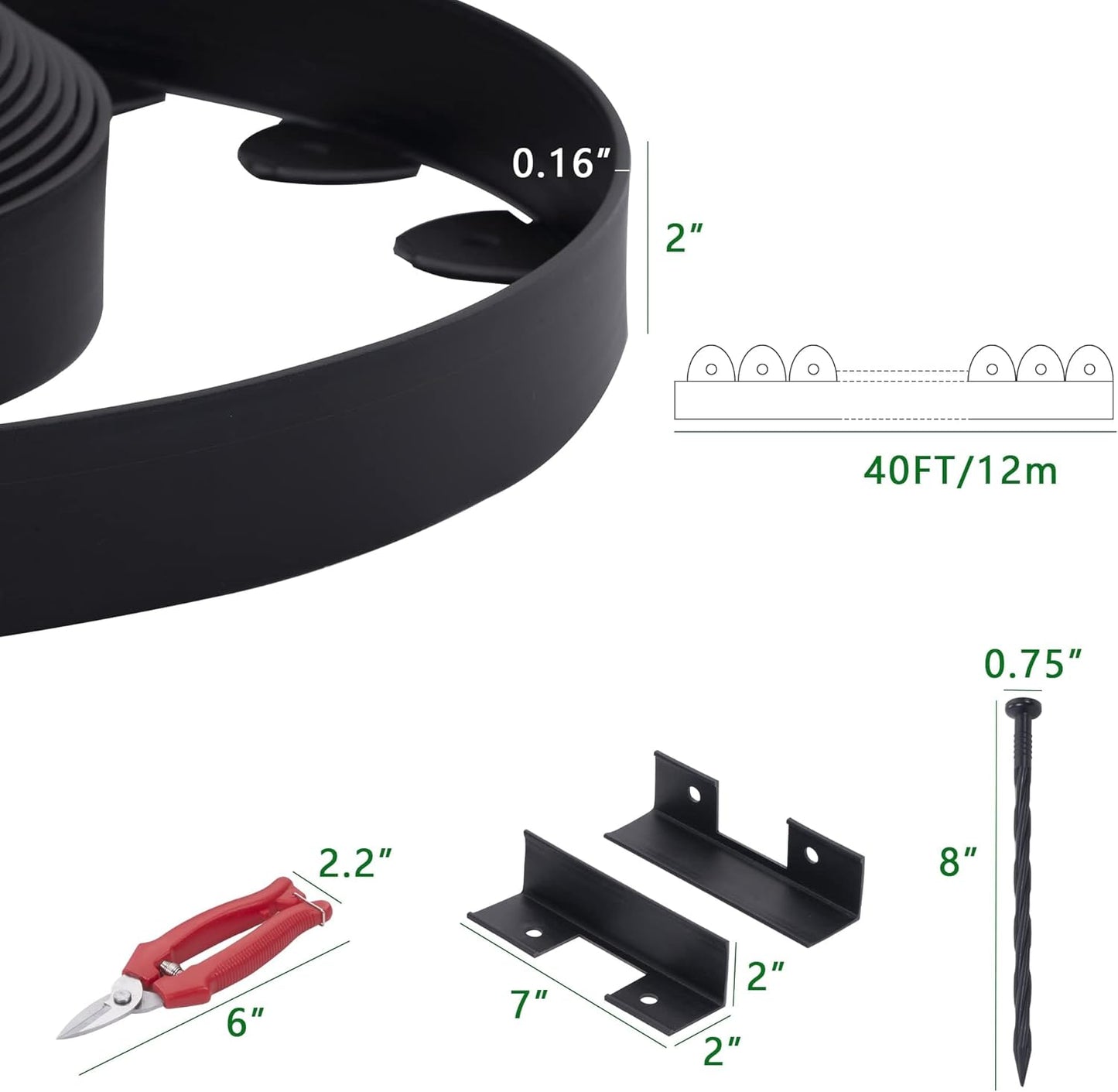 Landscape Edging, 40' 2" Tall Garden Edging with Scissors, Lawn Edging with 36 Garden Spikes and 2 Connectors, Heavy Duty PP&PE Material Edging for Landscaping, Garden, Lawn, Black