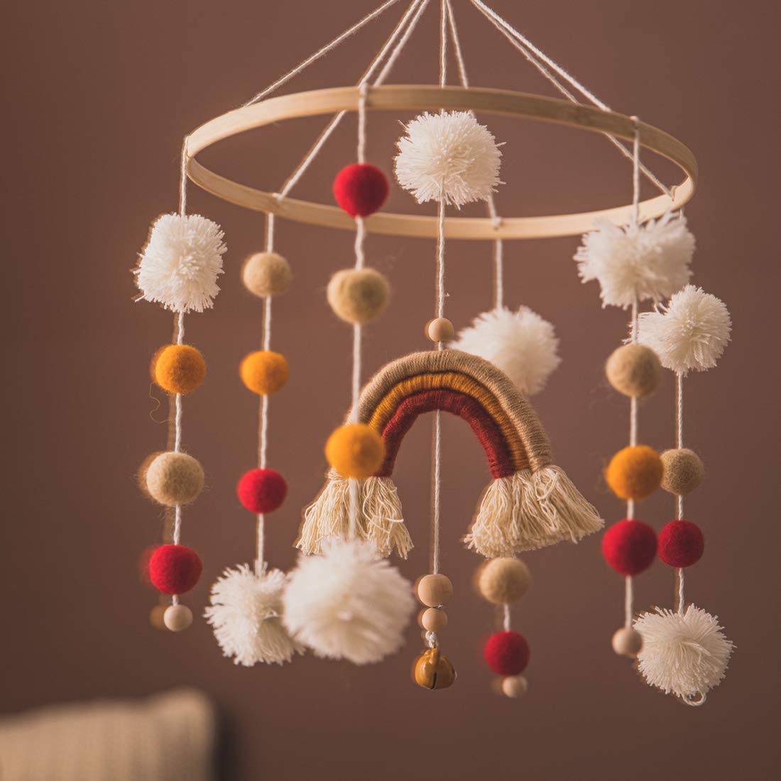 Baby Crib Mobile,Crib Mobile Wooden Mobile with Colorful Cotton Ball Wool Felt Ball Boho Baby Mobile Bassinet Mobile for Crib,Mobile for Baby Nursery and Ceiling Decoration