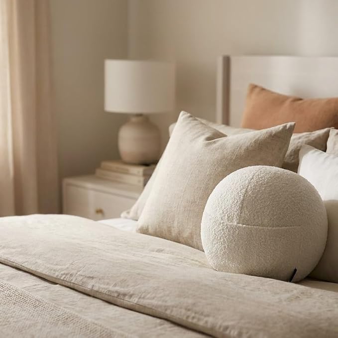 Orb Bouclé Sphere Pillow, 12 Inch Ergonomic Back & Arm Support, 600 GSM Textured Décor Throw Pillow with Hidden Pocket, White