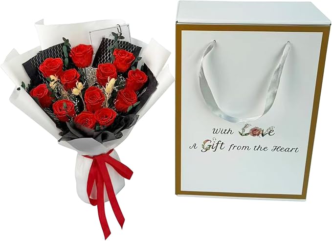 Qutawua Preserved Flower Eternal Rose Bouquet,12 Forever Flowers in Gift Box,Romantic Gift for Women,Valentine's,Mother's Day Gift(Red, 12 Rose)