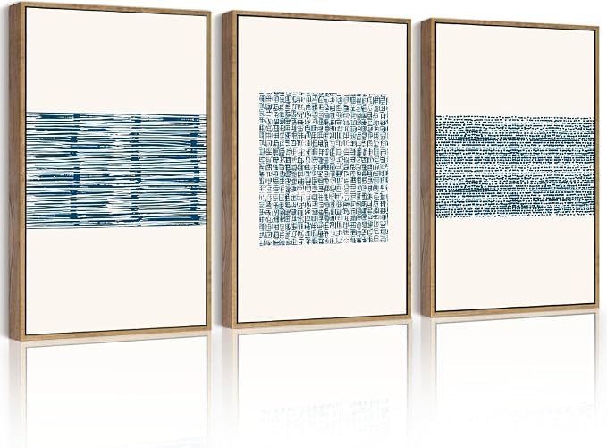 PHOPAGO Blue Abstract Framed Wall Art Large 16x24in Modern Boho Neutral Line Wall Decor Bohemain Minimalist Geometric Artwork Home Decor - Natural Framed