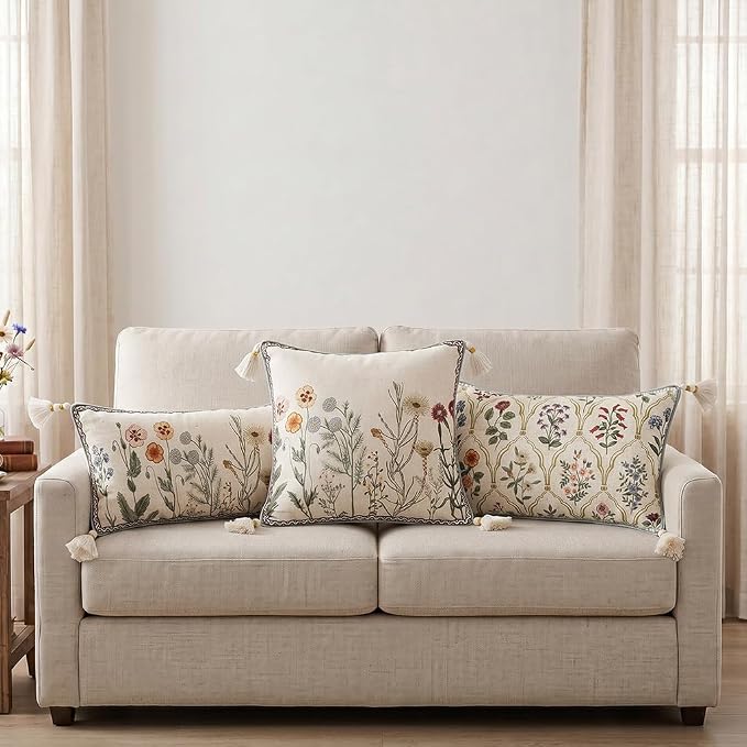 ISAENNE Designer Vintage Linen Throw Pillow Cover,28"x12"-Serenity B | French Elegant Rectangle Decor Pillow Cover,Concealed Zipper Design,Colorful Floral Pattern,Sofa,Bedroom,Living Room,Chair