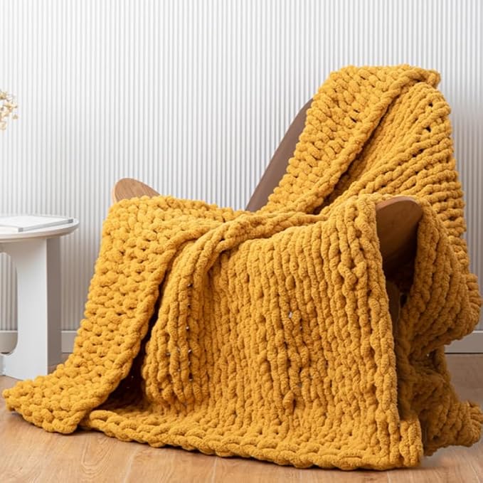 Soft Chunky Knit Throw Blanket for Couch, Cozy Warm Knitted Blankets | Hand Knit with Jumbo Chenille, Lightweight Warm Fluffy Decor for Women, Mom, Her & Girls, Sofa, Chair, Bed, 40"×60"(Yellow)