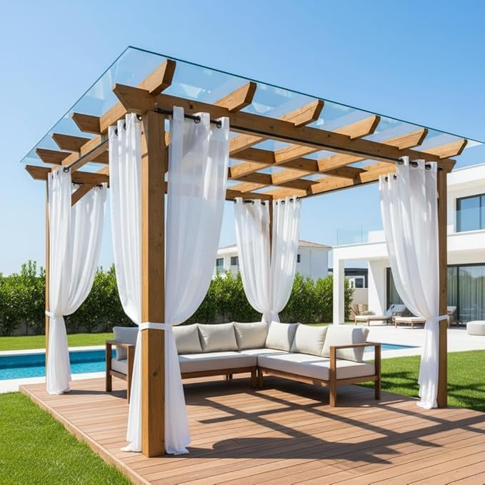 HolidayIdeas 8 Panels Outdoor Curtains for Patio-Linen Semi White Sheer Curtains for Patio Waterproof, Privacy Sun Light Indoor Outside Drapes for Gazebo, Pergola, Balcony, Pool, Backyard 54x95 Inch