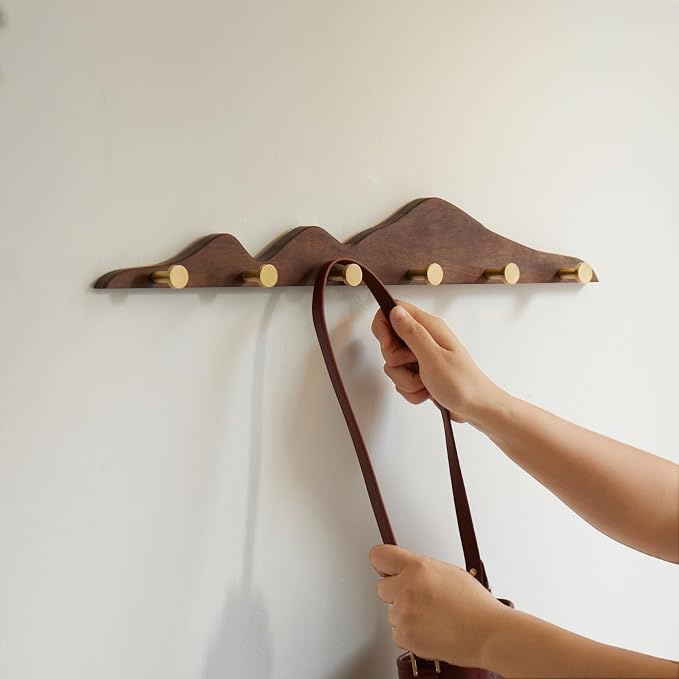 Elegant Wall Coat Rack with Hooks Walnut Wood Solid Coat Hanger Wall Mount with 6 Brass Hooks, Moisture-Resistant Wax Oil Finish for Home (Walnut, 6 Hooks)