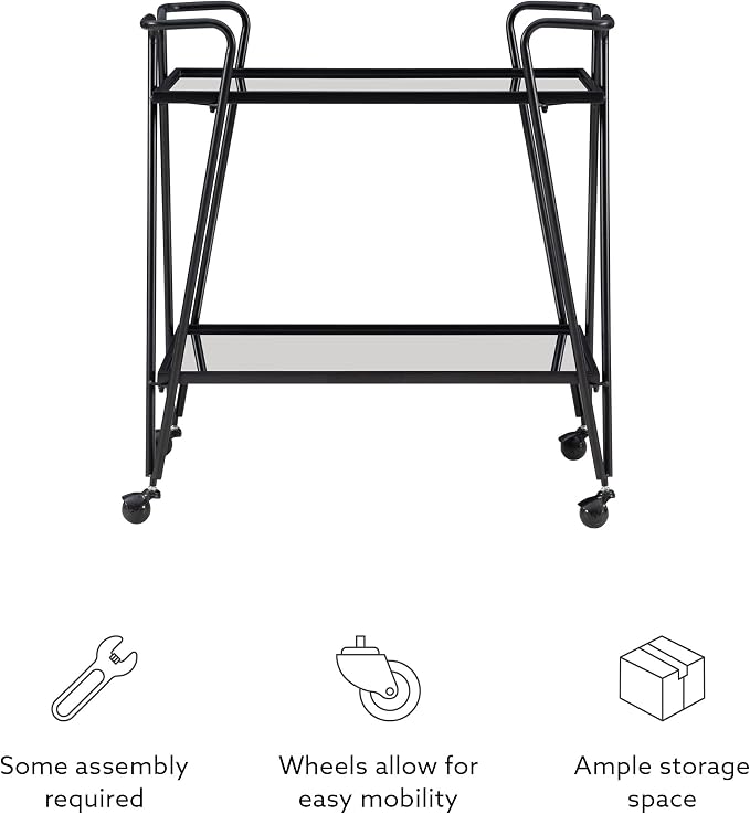 Linon Gina Black Mid Century Bar Cart with Mirrored Shelves