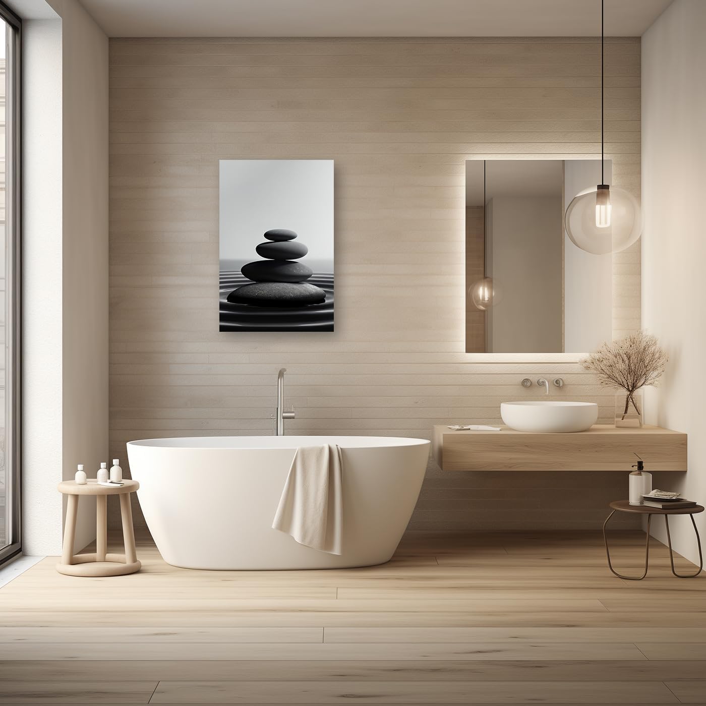 DOARTDO Zen Stone Canvas Wall Art Black and White Spa Stones Picture Print Modern Meditation Spirit Bathroom Decor Frame (20.00" x 30.00", Zen Stone - 1)