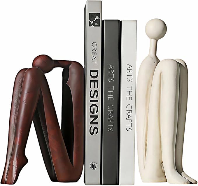 Resin Book Ends, Abstract Thinker Modern Minimalist Decorative Sculpture Bookends, Non-Slip Heavy Duty Bookends for Shelves for Home Office Shelves Desk, Set of 2 (Brown & White)