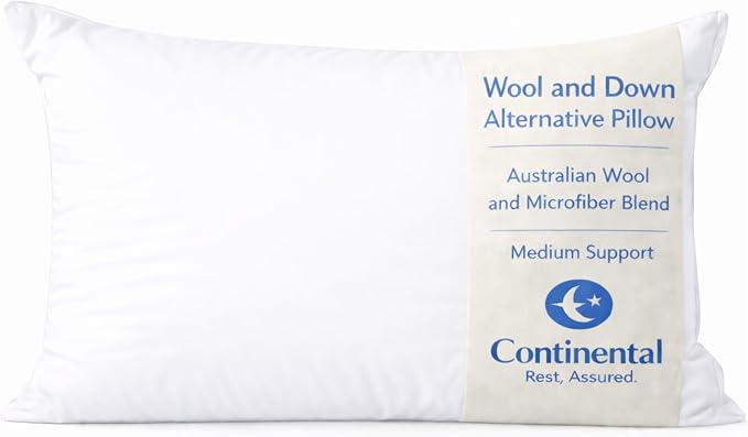 Continental Bedding Wool and Down Alternative Pillow Medium Support Australian Wool and Microfiber Blend 300 Thread Count 100% Cotton Cover