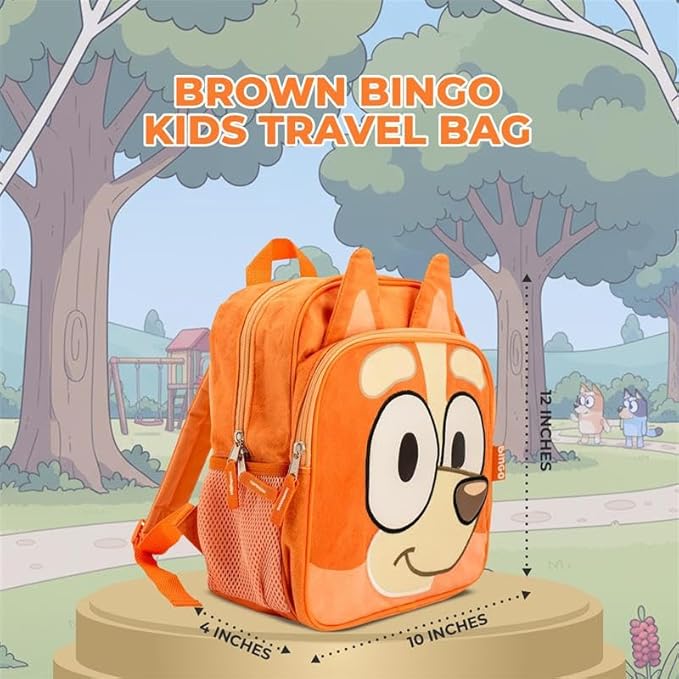 Bluey Bingo Backpack for Girls & Boys for Kindergarten & Elementary School, 12 Inch, Plush with 3D Ears & Appliques, Adjustable Straps & Padded Back, Lightweight Travel Bag for Kids
