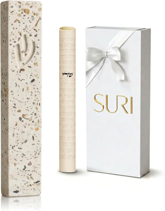 SURI Mezuzah for Door – 7 Inch Terrazzo Pink Concrete Mezuzah Case with Non Kosher Scroll, Self-Stick Jewish Entry Design, Fits a 6 Inch Scroll, Gift Box Included