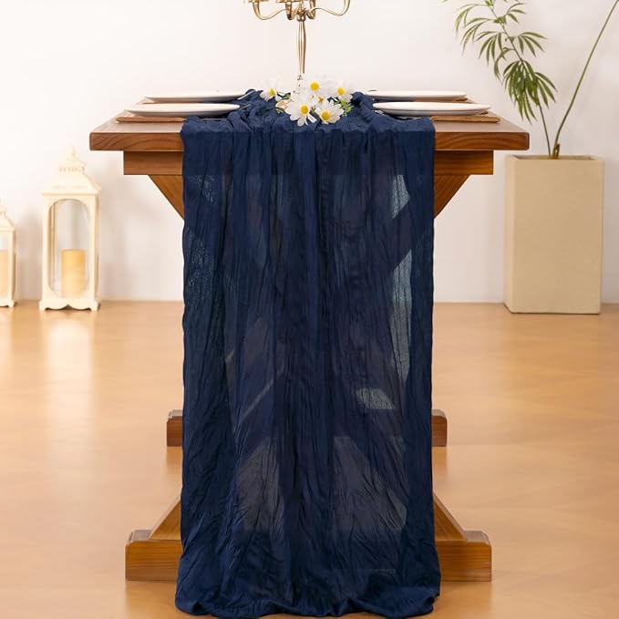Socomi 2pcs Navy Blue Easter Spring Cheesecloth Table Runner Boho Rustic Gauze 120 inch 10FT Cheese Cloth Runner for Wedding Party Baby Shower Birthday Home Decor Holiday Decorations