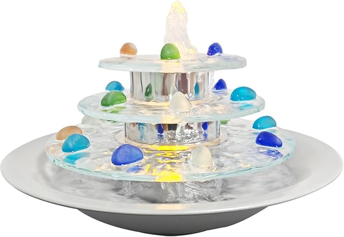Pamopamo Indoor Tabletop Fountain 3-Tier Waterfall, Zen Meditation Fountains with LED Light, Home Desktop Soothing Sound Meditation Relaxing Water Feature for Office Room Table Decoration