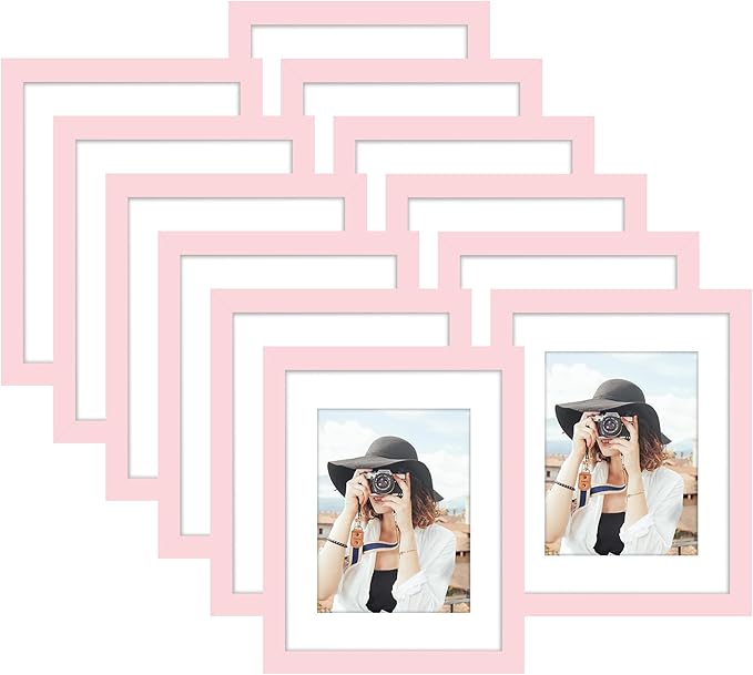 Picrit 8.5x11 Picture Frame Set of 12, Display 6x8 with Mat or 8.5 x 11 without Mat, Photo Frames for Wall Mounting or Table Top Display, Pink