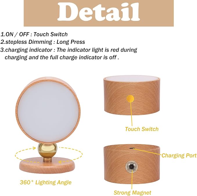 LANDGOO Wood Wall Sconce, Sapele Wood Magnetic 360° Rotatable Cordless Bedside Lamp Set, Rechargeable & Dimmable LED Lights with Touch Control, Wireless Wall Mount for Bedroom