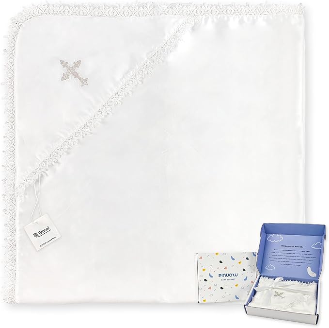 Tencel Christening Baby Blanket – Soft Lyocell Baptism Blanket with Classic Lace Border and Minimal Cross Embroidery, 39.4×39.4 in, Timeless Heirloom Gift for Boys & Girls