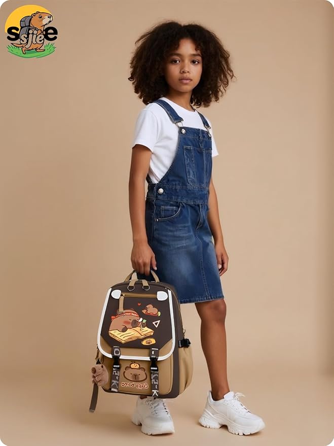 Waterproof Capybara Backpack，Large-capacity Kawaii capybara bag with 11-Piece Accessories (Badges, Pendants, Plush capybara, Stickers and others)