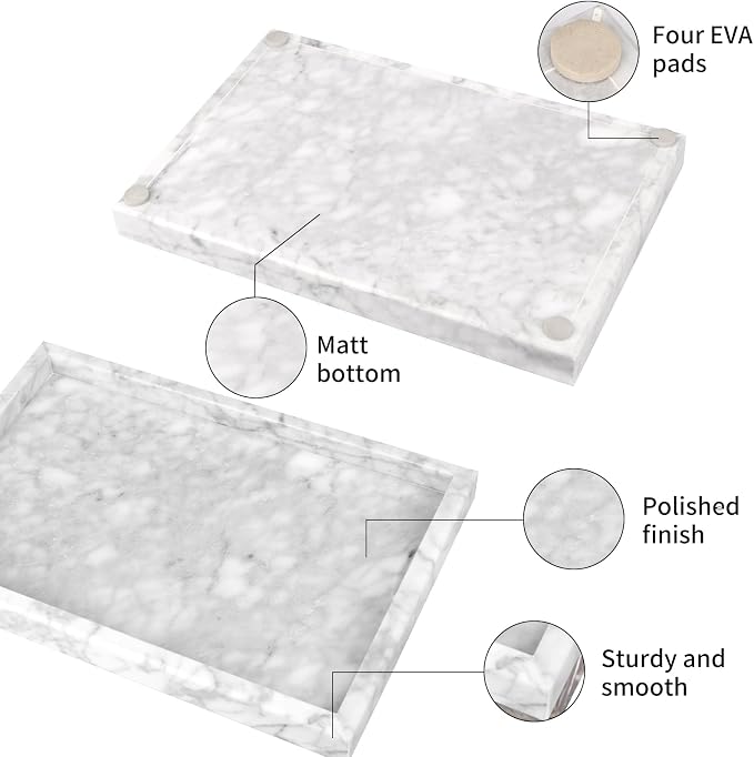 Marble Bathroom Vanity Tray, Natural Luxury Vanity Home Kitchen Bathroom Table Tray, Stone Decorative Countertop Dresser Trays for Key Coffee Perfume Jewelry Makeup (Carrara White, 12"x 8" x1.2")