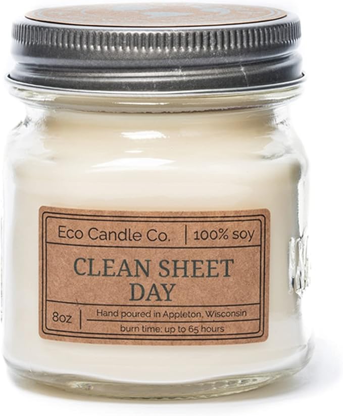 ECO CANDLE CO. Mason Jar Candle, Clean Sheet Day, 8 oz. - Scents of Clean Linens - 100% Soy Wax, No Lead, Kraft Label & Antiqued Pewter Lid, Hand Poured, Made from Midwest Grown Soybeans
