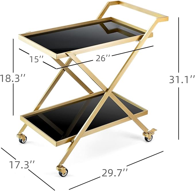 Crofy Gold Finish Bar Cart on Wheels, No-Tool Assembly 2-Tier Serving Cart with Black Tempered Glass Shelves & Locking Casters - Mobile Snack/Drink Cart for Home Bar, Kitchen, Parties