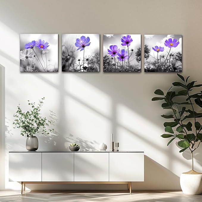 Wall Art For Living Room Black and White purple flower Canvas Wall Decor for Home Decor artwork painting 12" x 12" 4 Pieces Canvas Print For bedroom Decor Modern Salon kitchen Still Life Painting