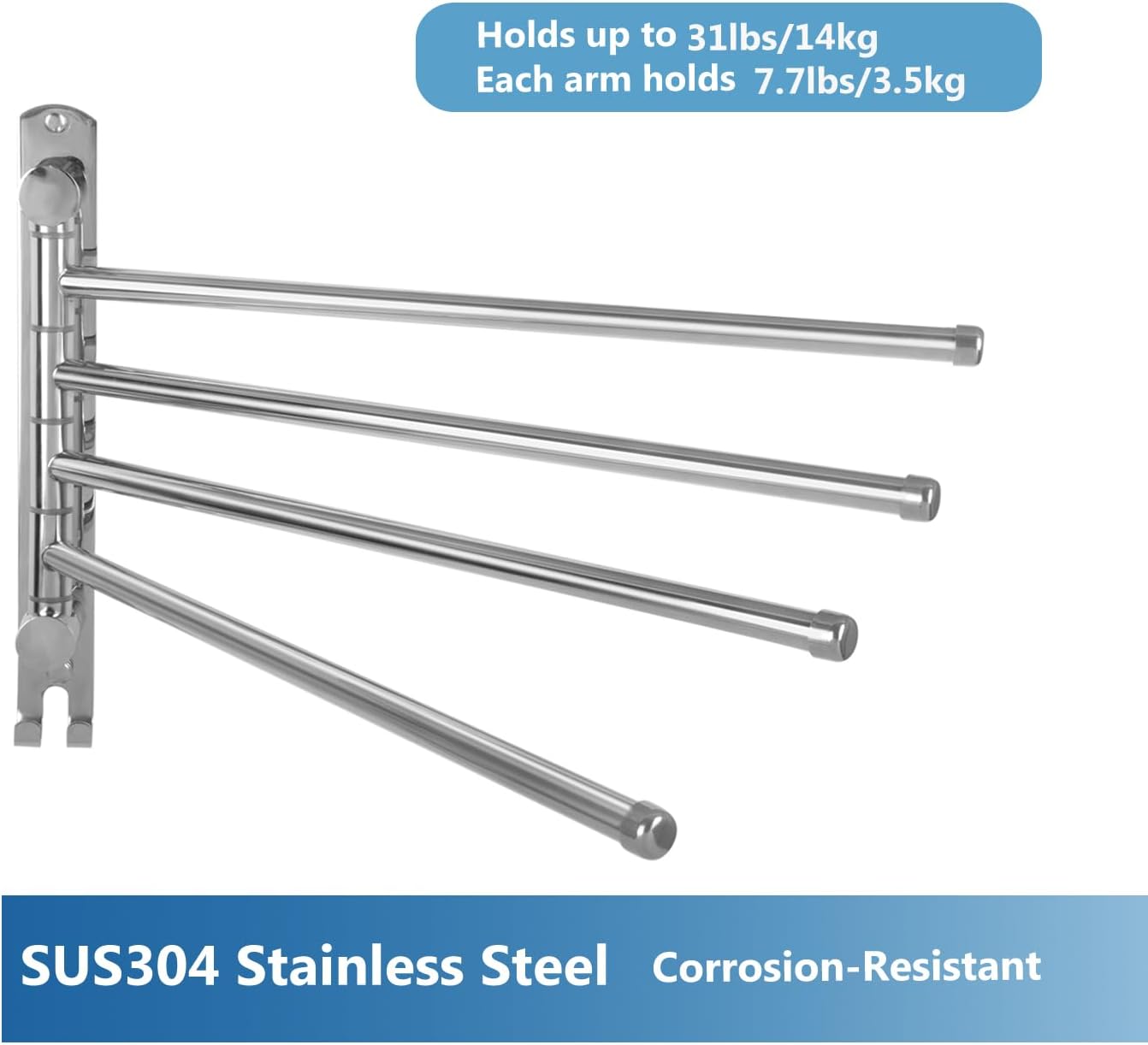 Bathroom Towel Rack JSVER Swivel 4 Arms Extended Towel Holder, SUS304 Stainless Steel Space Saving Towel Rack, Towel Racks for Bathroom, Kitchen