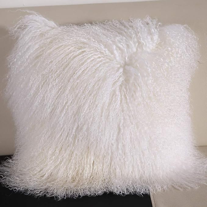 Real 100% Tibetan Mongolian Lamb Sheepskin Wool Fur Throw Pillow Covers White 26x26 Inch, Super Soft Plush Leather Accent Pillowcase Decorative Cushion Cover for Living Room Bedroom