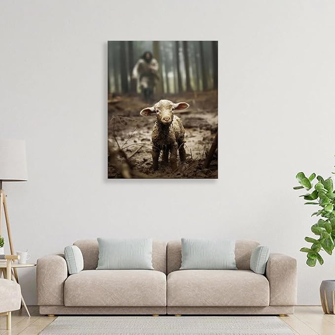 Jesus and Lamb Canvas Wall Art Jesus Running After Lost Lamb Picture Wall Art Canvas Print Christian Home Decor 12x16 inch