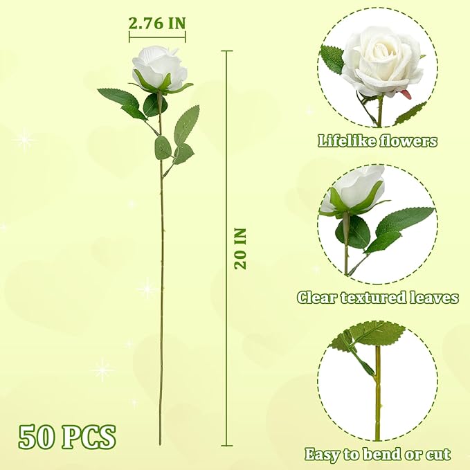 Wondrus Bulk Artificial Flowers 50 PCS, Fake Velvet Silk White Roses with Long Stems Realistic Bouquet for Wedding Centerpieces, Faux Arrangement for Home Table Decor